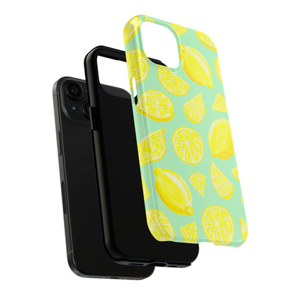 Bright Yellow Lemons Watercolor Illustrated Tossed Pattern Mint Green Tough Phone Case | Various Models