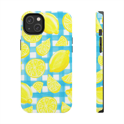 Yellow Lemons & Turquoise Gingham Watercolor Illustrated Tough Phone Case | Various Models Available