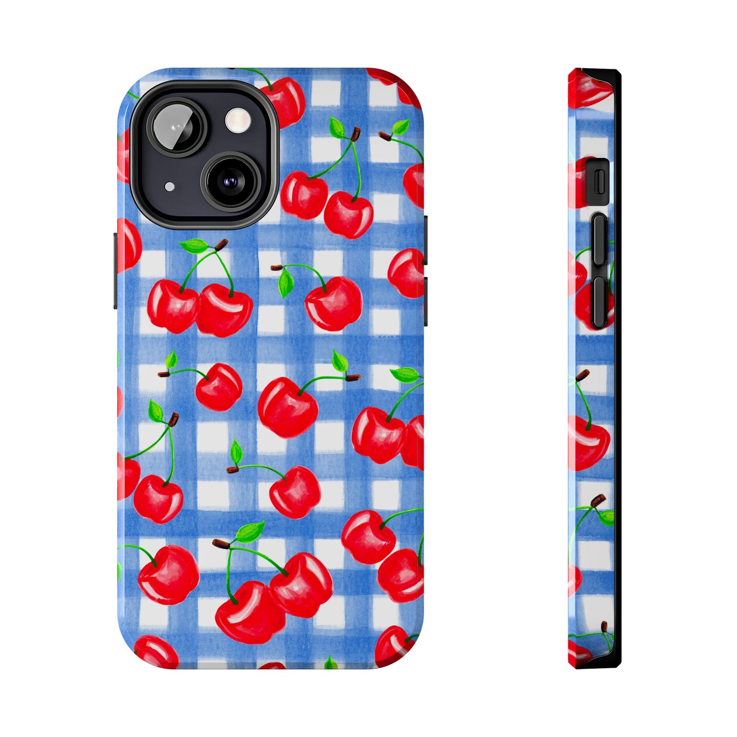Tossed Red Watercolor Illustrated Cherries Light Blue Gingham Tough Phone Case | Various Models