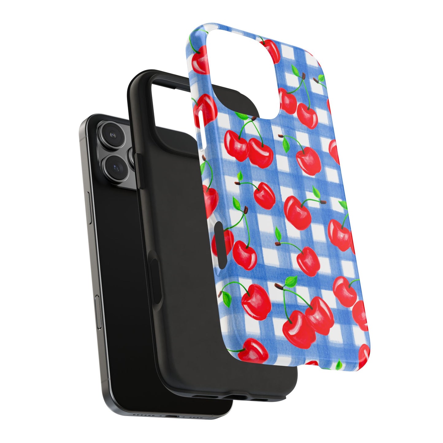 Tossed Red Watercolor Illustrated Cherries Light Blue Gingham Tough Phone Case | Various Models
