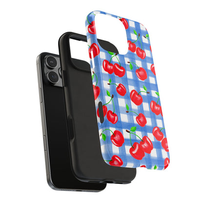 Tossed Red Watercolor Illustrated Cherries Light Blue Gingham Tough Phone Case | Various Models