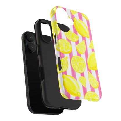 Pink Lemonade Yellow Lemons with Pink & White Watercolor Stripes Tough Phone Case