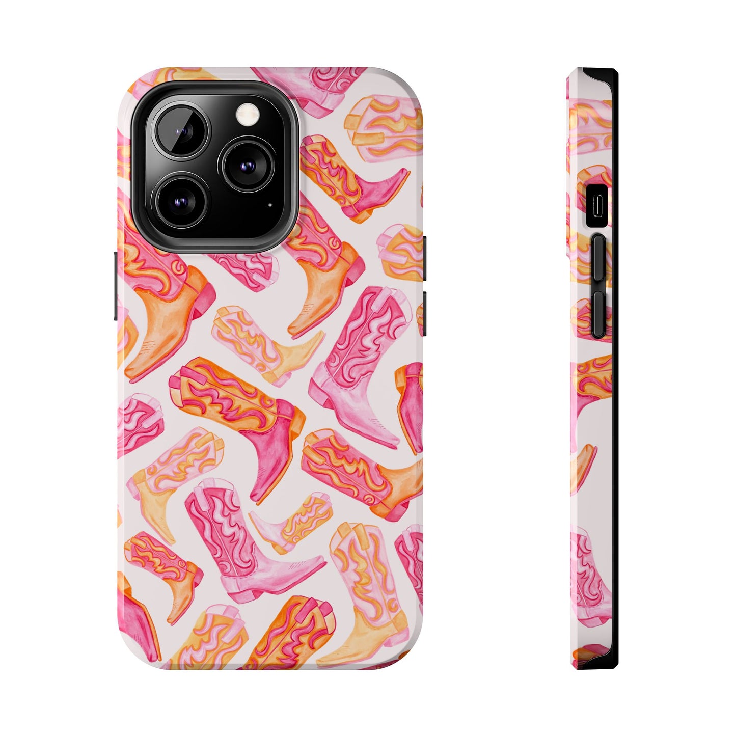 Tossed Hot Pink & Orange Watercolor Cowboy Boots Tough Light Pink Phone Case | Various Models Available iPhone 13 Pro