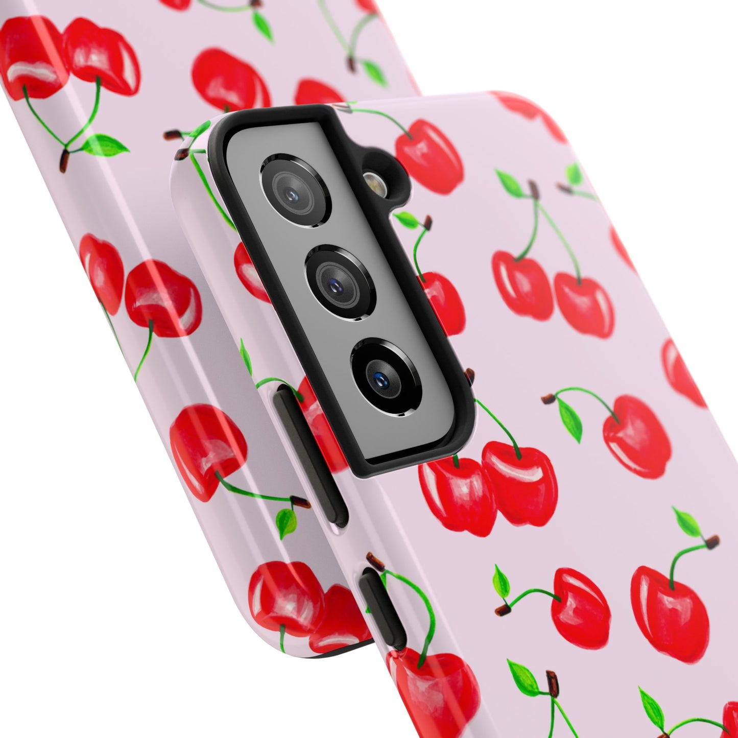 Tossed Red Watercolor Cherries Illustrated Pattern Light Pink Tough Phone Case | Various Models