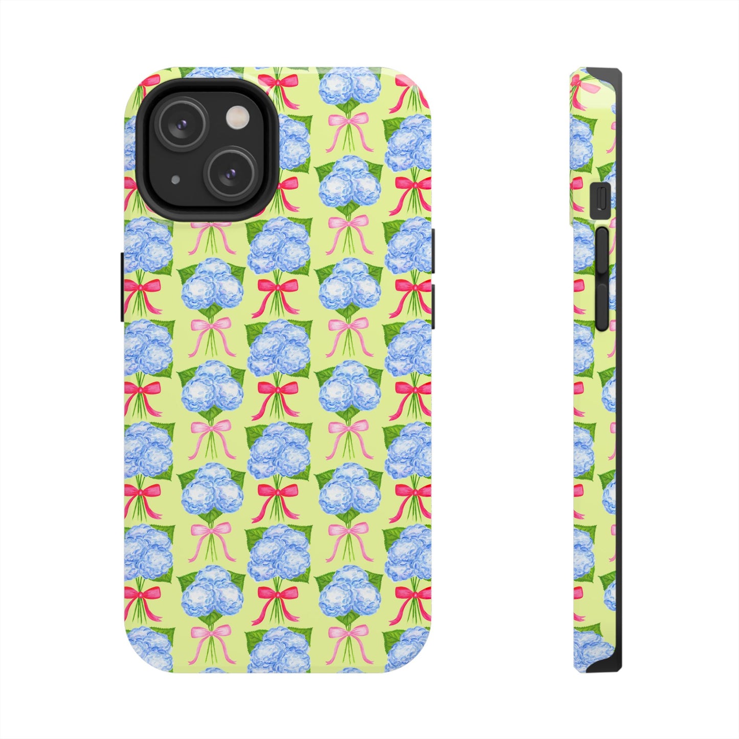 Watercolor Blue Hydrangea Bouquets with Hot Pink and Light Pink Bow Ribbons Illustrated Pattern Yellow Tough Phone Case | Various Models