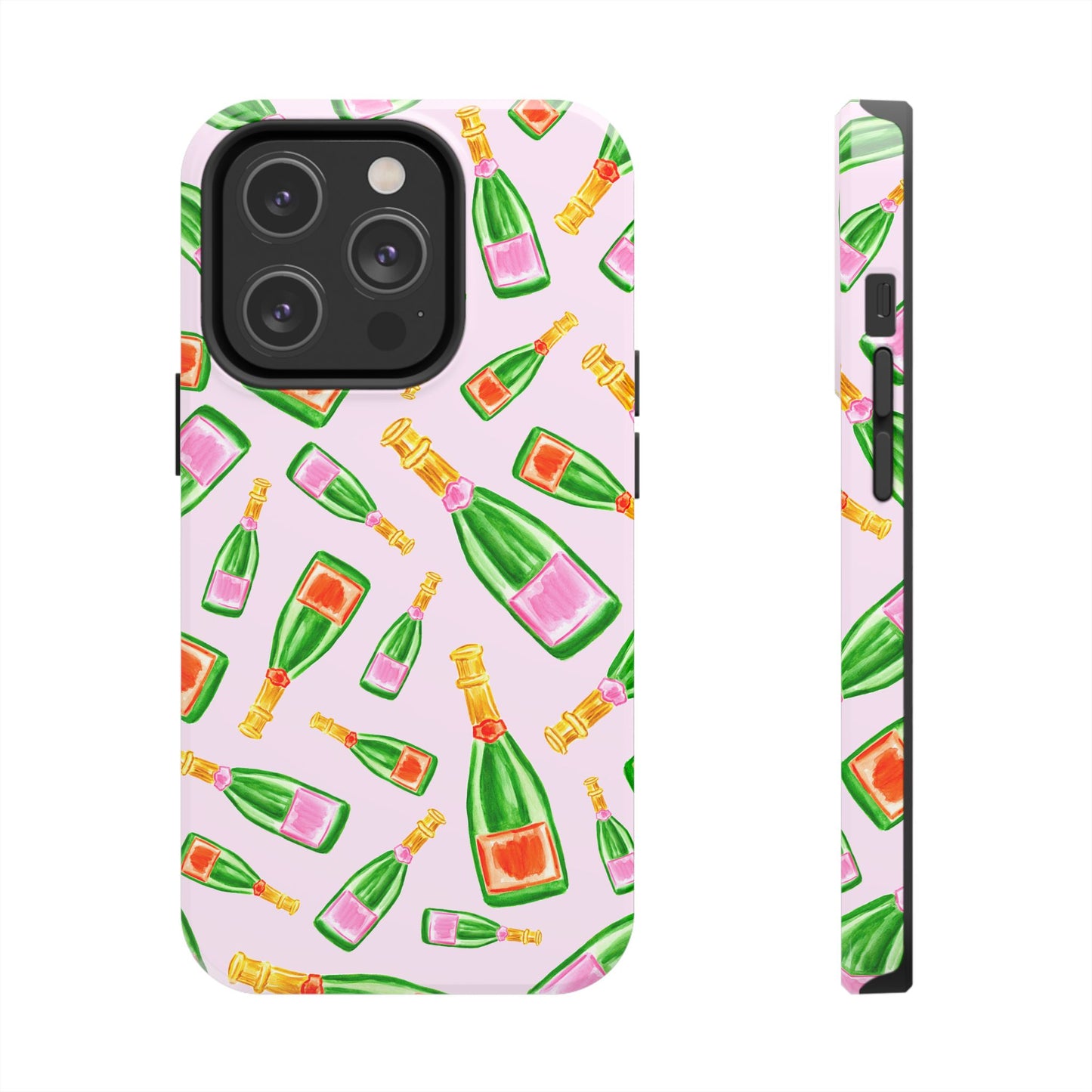 Tossed Pink and Green & Orange and Green Watercolor Illustrated Champagne Bottles Pattern Blush Pink Tough Phone Case | Various Models