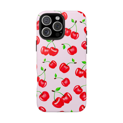 Tossed Red Watercolor Cherries Illustrated Pattern Light Pink Tough Phone Case | Various Models