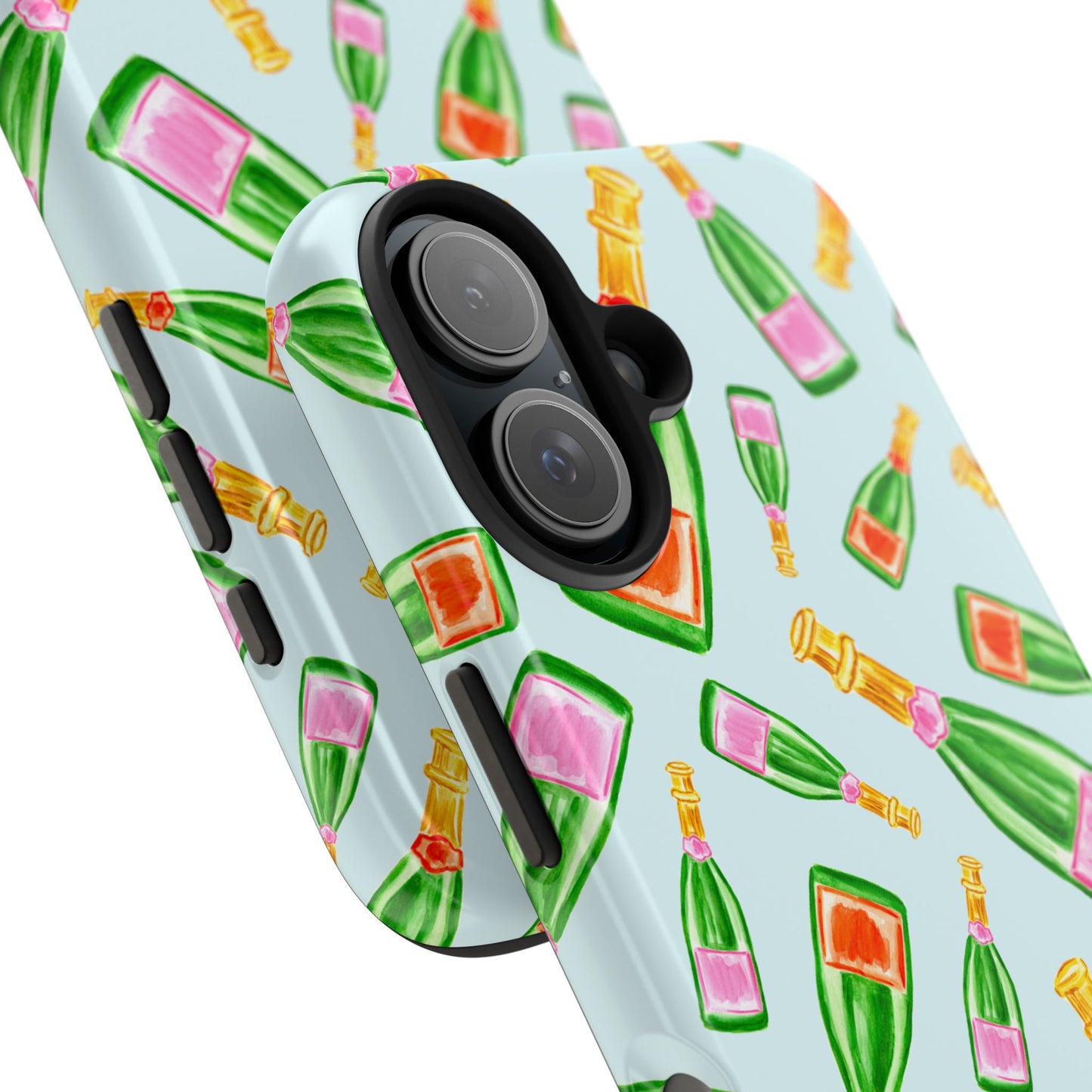 Tossed Pink and Green & Orange and Green Watercolor Illustrated Champagne Bottles Pattern Light Blue Tough Phone Case | Various Models