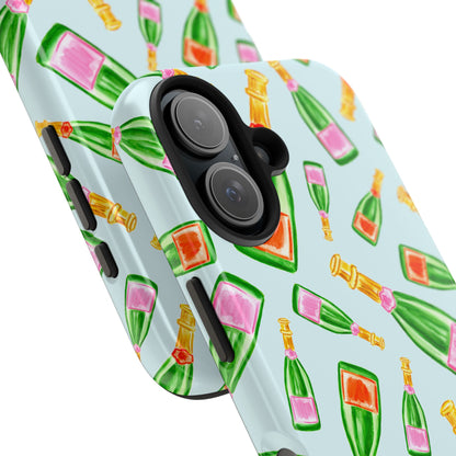 Tossed Pink and Green & Orange and Green Watercolor Illustrated Champagne Bottles Pattern Light Blue Tough Phone Case | Various Models