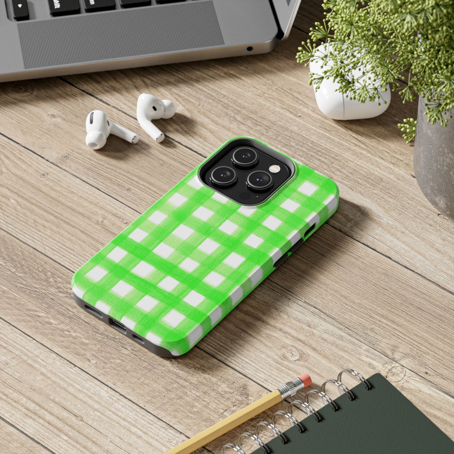 Lime Green Gingham Watercolor Illustrated Tough Phone Case | Various Models Available