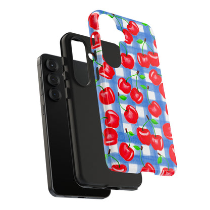 Tossed Red Cherries Blue Gingham Checkered Watercolor Illustrated Tough Phone Case | Various Models