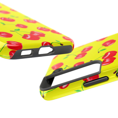 Tossed Red Watercolor Cherries Illustrated Pattern Bright Yellow Tough Phone Case | Various Models