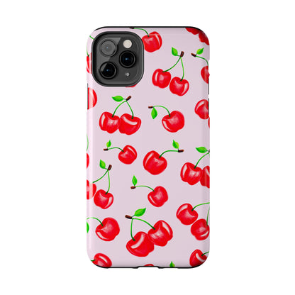 Tossed Red Watercolor Cherries Illustrated Pattern Light Pink Tough Phone Case | Various Models