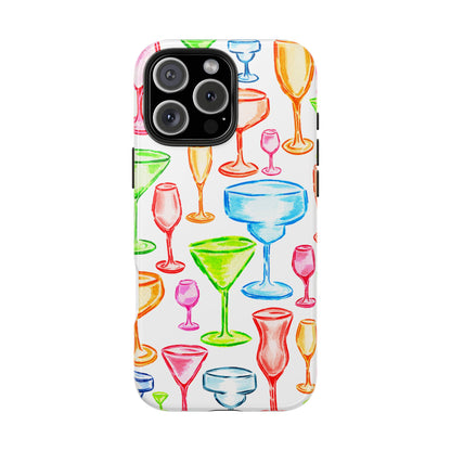 Monochromatic Margarita, Wine, Martini, and Champagne Flute Cocktail Glasses Watercolor Illustrated Tough Phone Case | Various Models Available