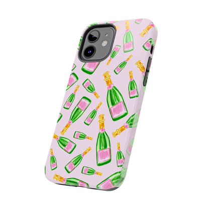 Tossed Pink and Green Watercolor Illustrated Champagne Bottles Pattern Blush Pink Tough Phone Case | Various Models