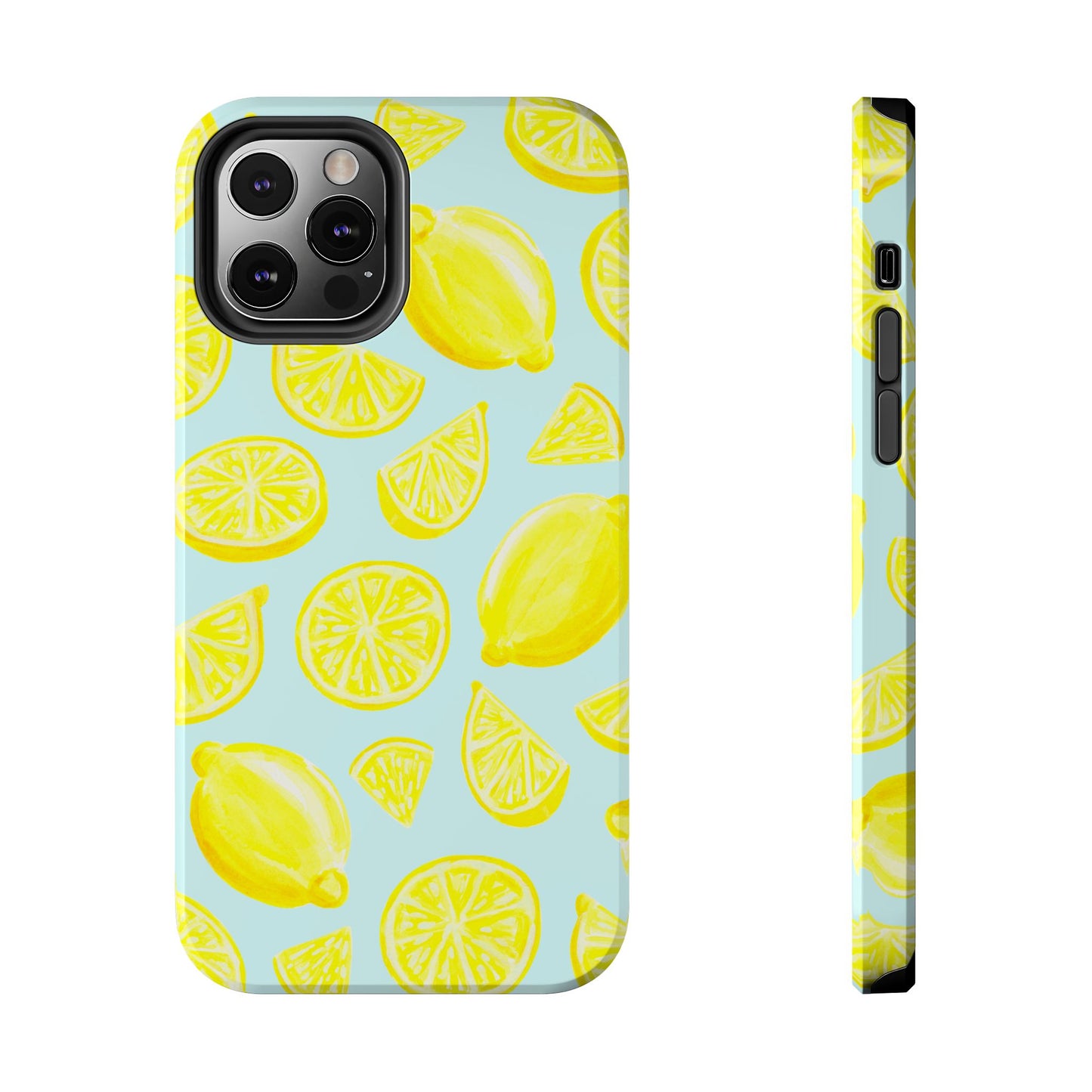 Bright Yellow Lemons Watercolor Illustrated Tossed Pattern Light Blue Tough Phone Case | Various Models