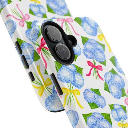 Blue Watercolor Hydrangea Bunches with Hot Pink, Yellow, Light Pink Bows Illustrated Patterned Tough Phone Case | Various Models