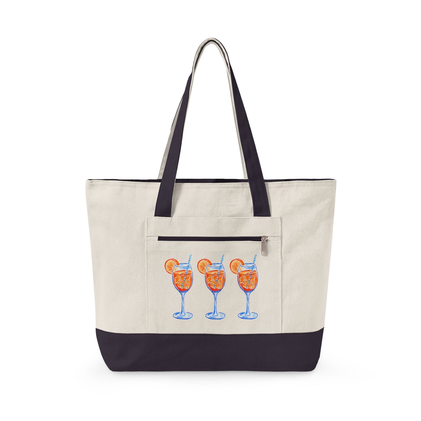 Aperol Spritz Trio Watercolor Printed Zippered Canvas Tote 18" x 14" | Various Colors 18" x 14" x 4.5" Natural Navy