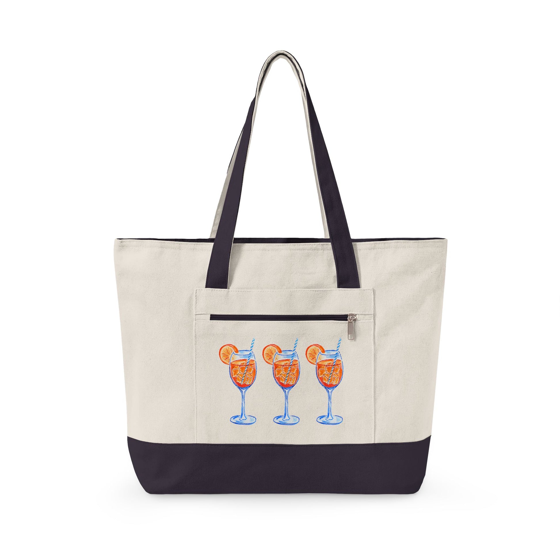 Aperol Spritz Trio Watercolor Printed Zippered Canvas Tote 18" x 14" | Various Colors 18" x 14" x 4.5" Natural Navy