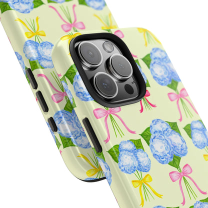 Blue Hydrangeas with Hot Pink, Yellow, Light Pink Bows Watercolor Illustrated Patterned Light Yellow Tough Phone Case | Various Models