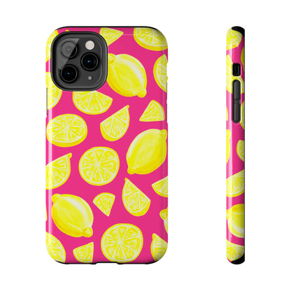 Bright Yellow Lemons Watercolor Illustrated Tossed Pattern Watermelon Pink Tough Phone Case | Various Models
