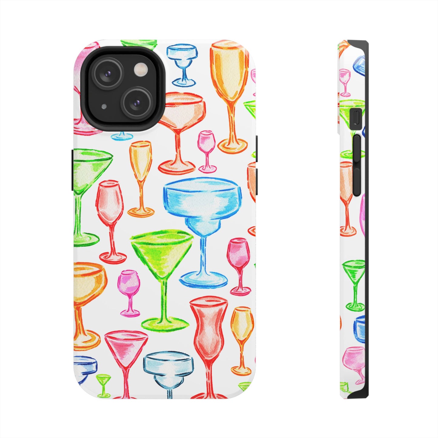Monochromatic Margarita, Wine, Martini, and Champagne Flute Cocktail Glasses Watercolor Illustrated Tough Phone Case | Various Models Available