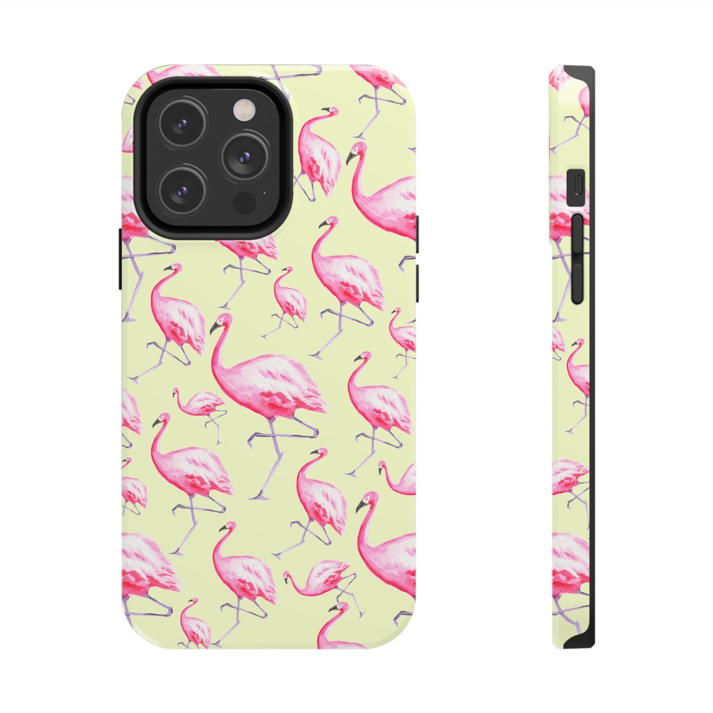 Pink Flamingos Watercolor Illustrated Tossed Pattern Yellow Phone Case | Various Models iPhone 14 Pro Max