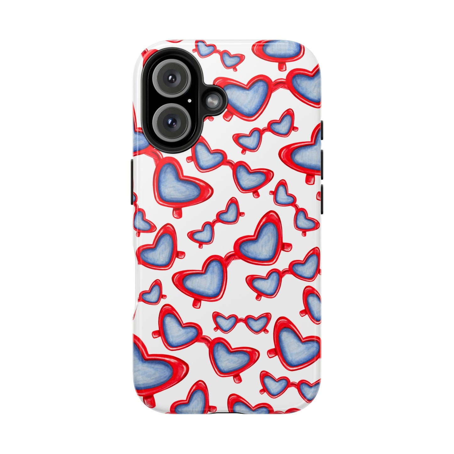 Red, White, & Blue Heart Shaped Watercolor Sunglasses Tossed Pattern Tough Phone Cases iPhone 16