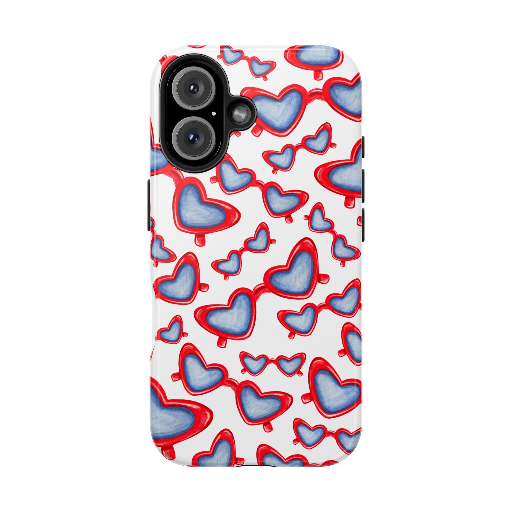 Red, White, & Blue Heart Shaped Watercolor Sunglasses Tossed Pattern Tough Phone Cases iPhone 16