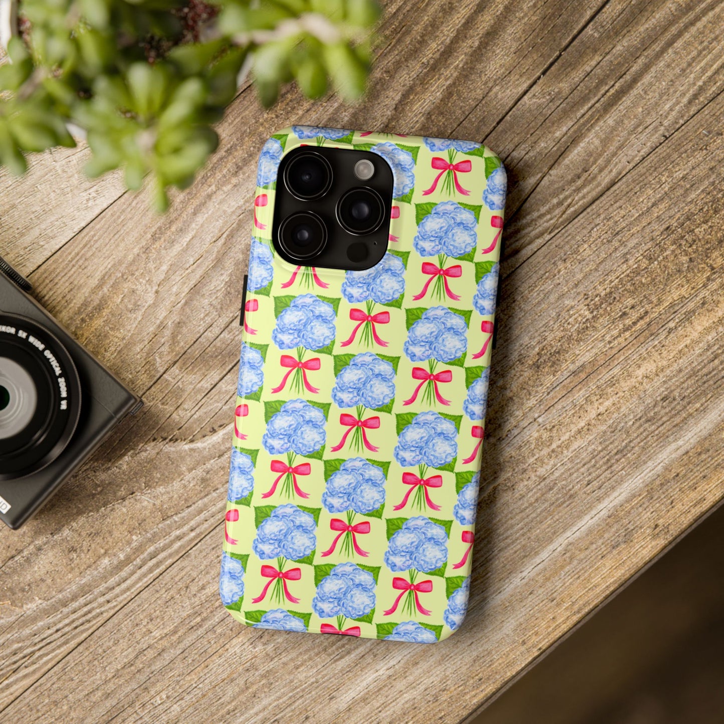 Blue Watercolor Hydrangea Bouquets with Hot Pink Bows Illustrated Patterned Yellow Preppy Grand Millenial Tough Phone Case | Various Models