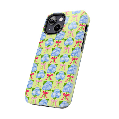 Watercolor Blue Hydrangea Bouquets with Hot Pink and Light Pink Bow Ribbons Illustrated Pattern Yellow Tough Phone Case | Various Models