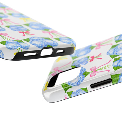 Blue Hydrangeas with Hot Pink, Yellow, Light Pink Bows Watercolor Illustrated Patterned Tough Phone Case | Various Models