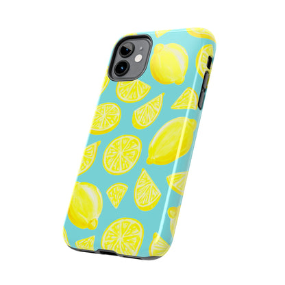 Bright Yellow Lemons Watercolor Illustrated Tossed Pattern Turquoise Blue Tough Phone Case | Various Models