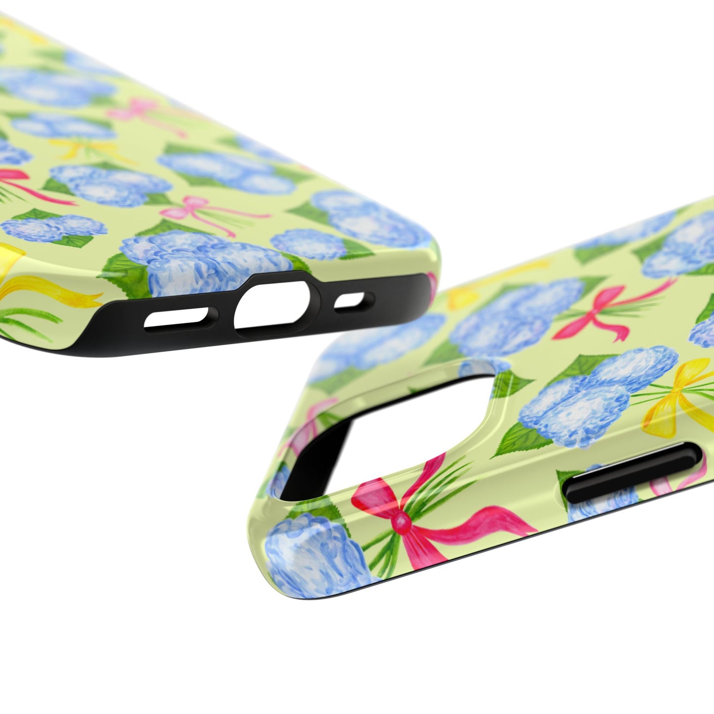 Blue Watercolor Hydrangea Bunches with Hot Pink, Yellow, Light Pink Bows Illustrated Patterned Yellow Tough Phone Case | Various Models