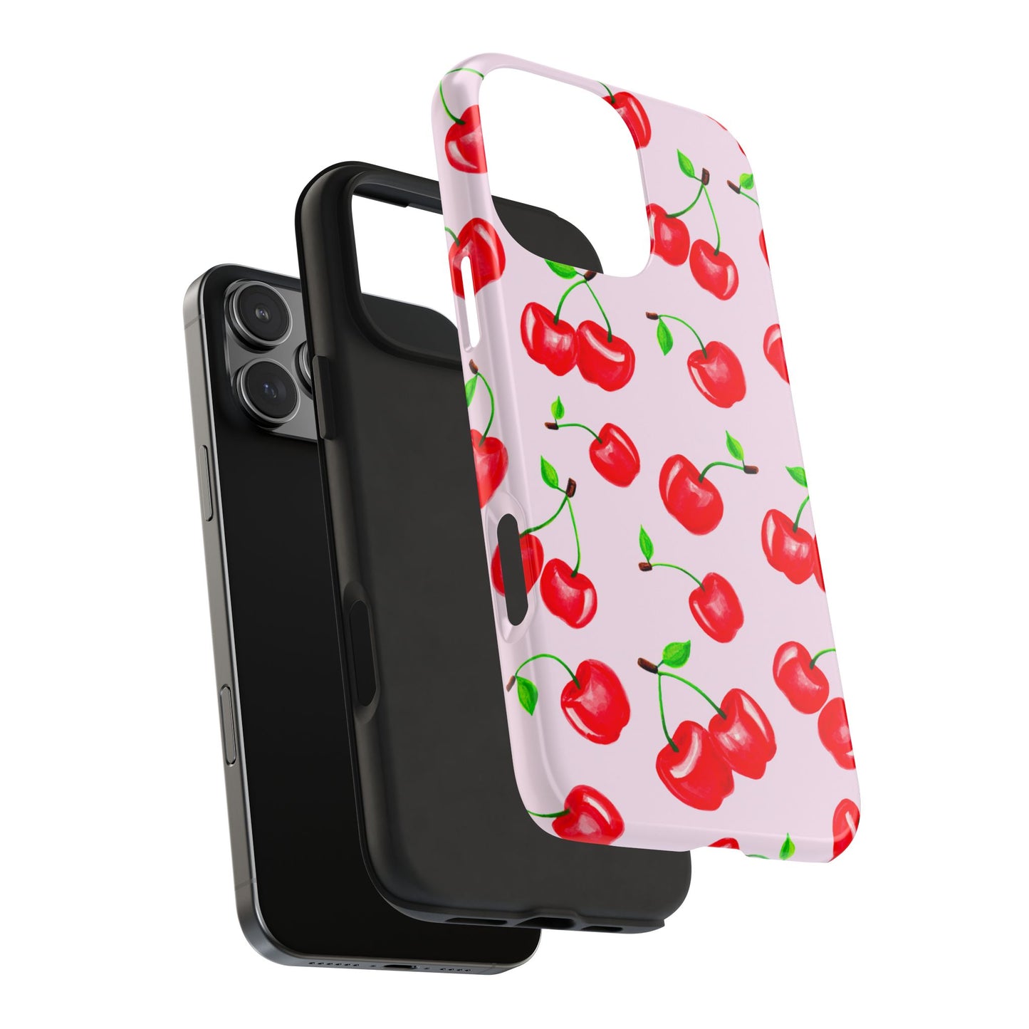 Tossed Red Watercolor Cherries Illustrated Pattern Light Pink Tough Phone Case | Various Models