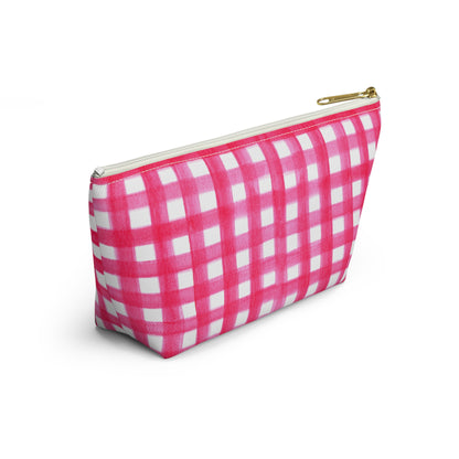 Hot Pink Gingham Watercolor Illustrated Printed Accessory Pouch T-Bottom | Large or Small