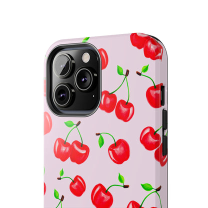 Tossed Red Watercolor Cherries Illustrated Pattern Light Pink Tough Phone Case | Various Models