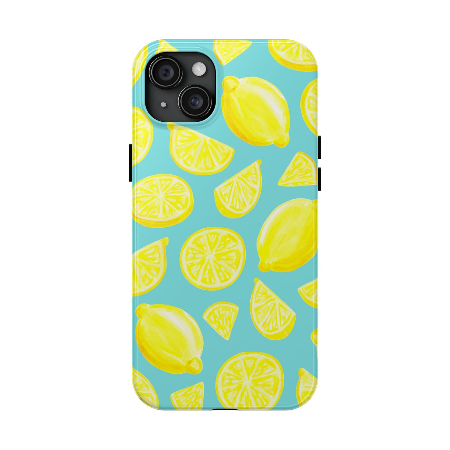 Bright Yellow Lemons Watercolor Illustrated Tossed Pattern Turquoise Blue Tough Phone Case | Various Models