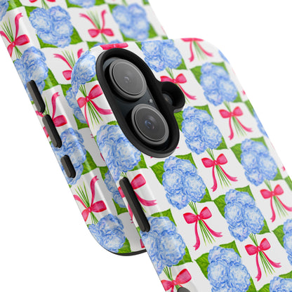 Blue Watercolor Hydrangea Bouquets with Hot Pink Bows Illustrated Patterned Tough Phone Case | Various Models