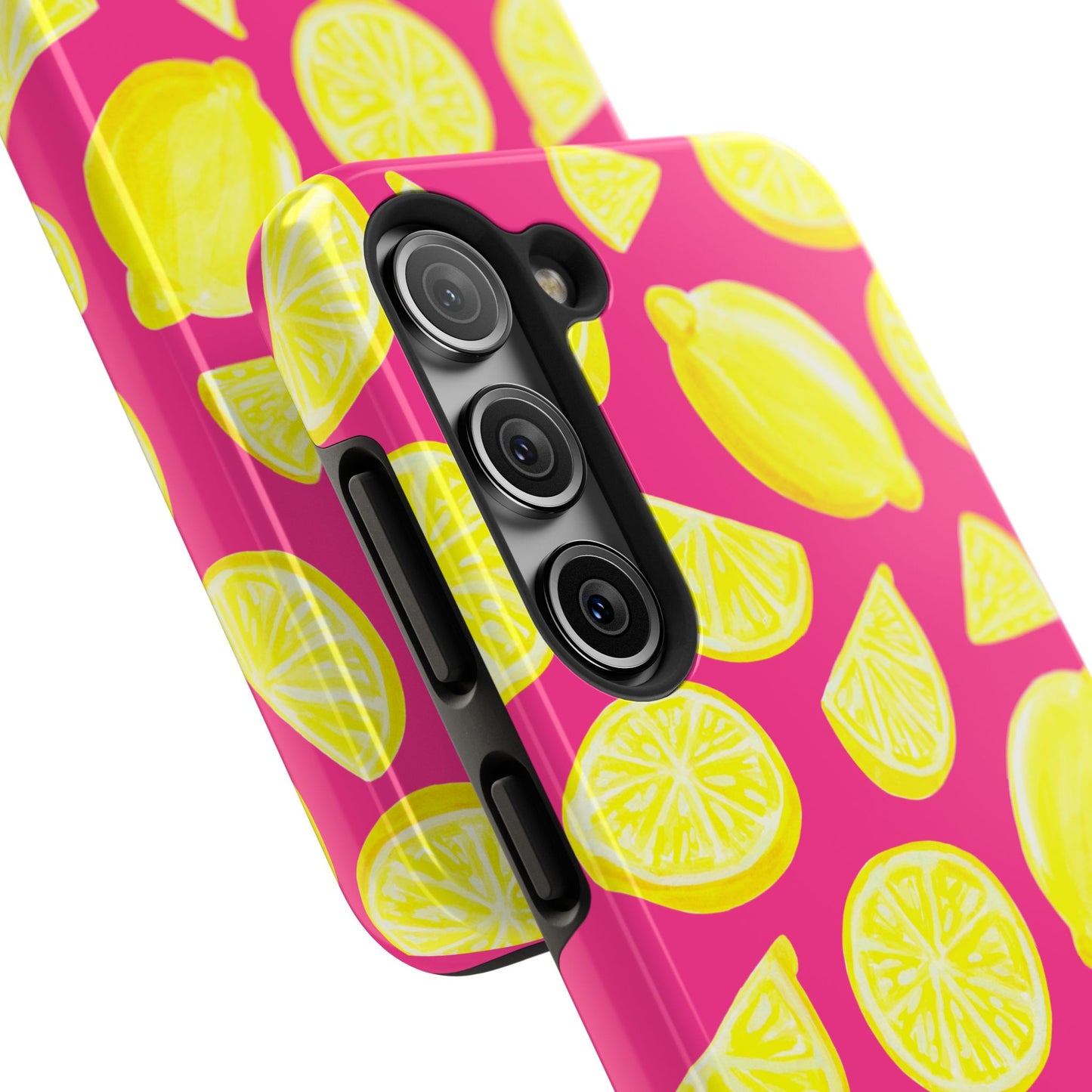 Bright Yellow Lemons Watercolor Illustrated Tossed Pattern Watermelon Pink Tough Phone Case | Various Models
