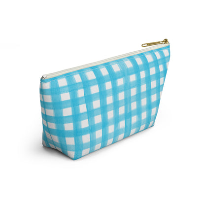 Turquoise Gingham Watercolor Illustrated Printed Accessory Pouch T-Bottom | Large or Small