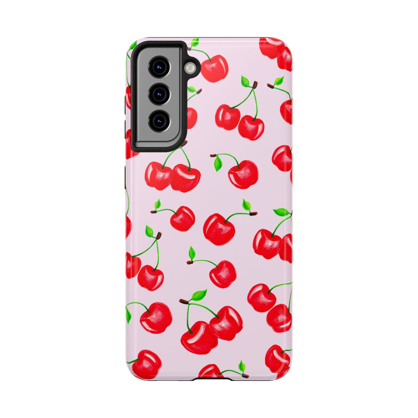 Tossed Red Watercolor Cherries Illustrated Pattern Light Pink Tough Phone Case | Various Models