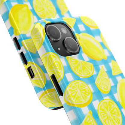 Bright Yellow Lemons Watercolor Illustrated Tossed Pattern Turquoise Gingham Tough Phone Case | Various Models