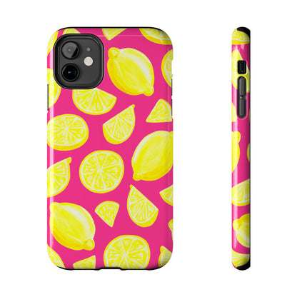 Bright Yellow Lemons Watercolor Illustrated Tossed Pattern Watermelon Pink Tough Phone Case | Various Models