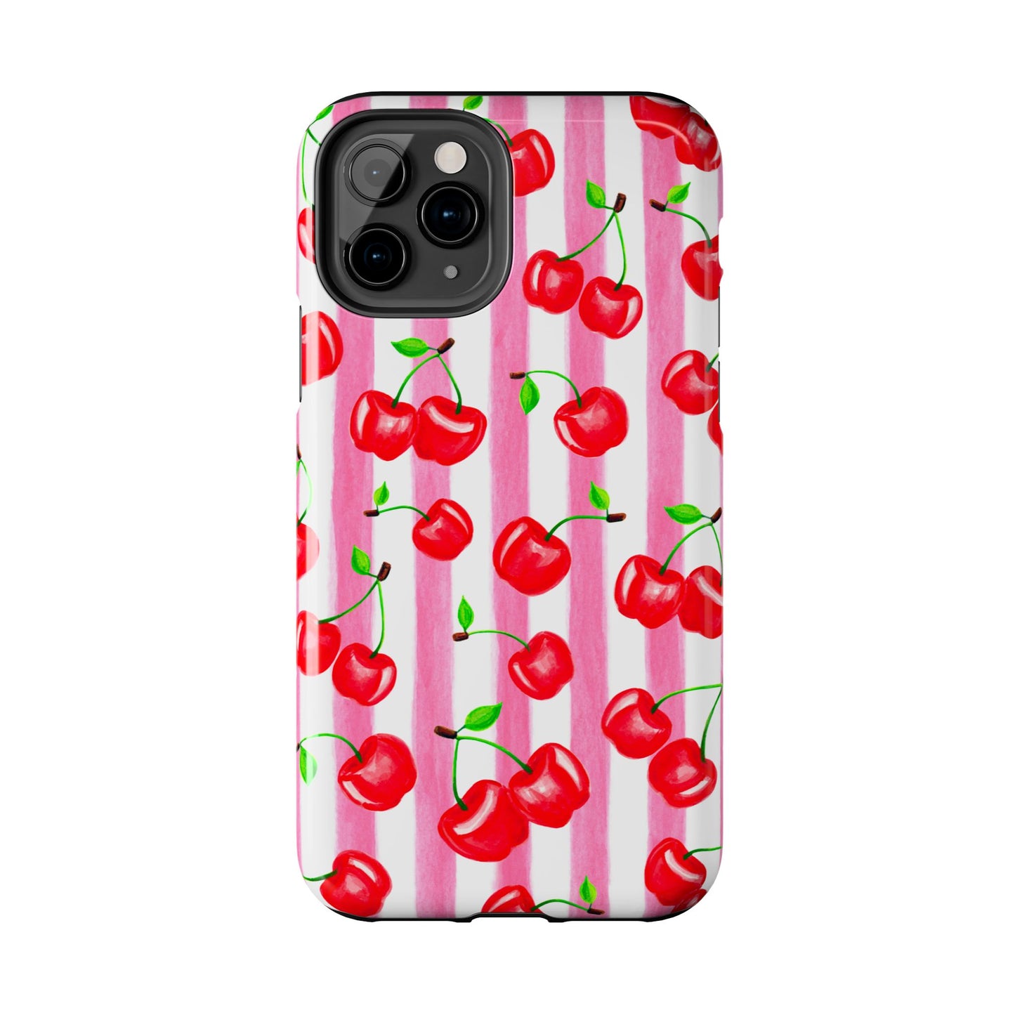 Tossed Red Watercolor Cherries Illustrated Pattern Light Pink Stripes Tough Phone Case | Various Models