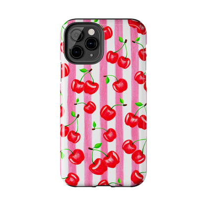 Tossed Red Watercolor Cherries Illustrated Pattern Light Pink Stripes Tough Phone Case | Various Models