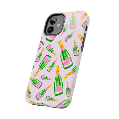 Tossed Pink and Green Watercolor Illustrated Champagne Bottles Pattern Blush Pink Tough Phone Case | Various Models
