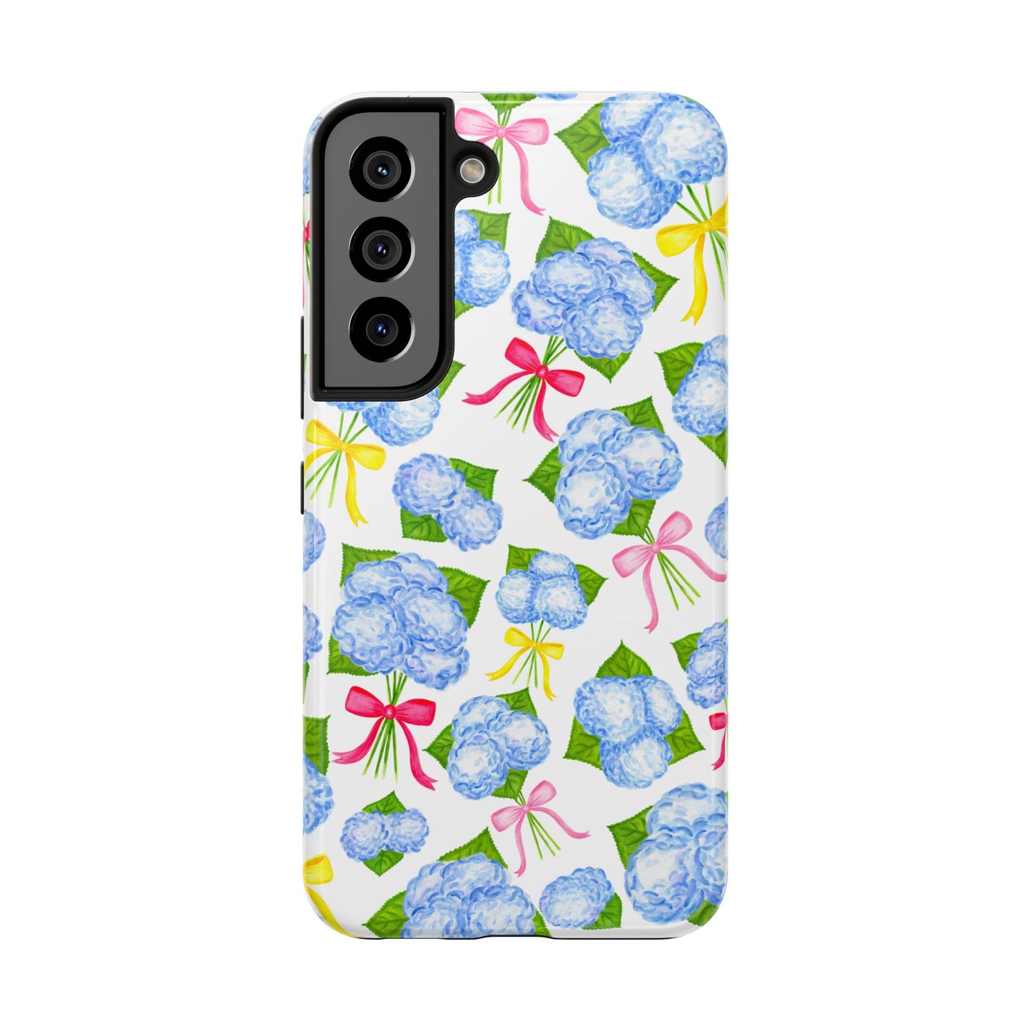 Blue Watercolor Hydrangea Bunches with Hot Pink, Yellow, Light Pink Bows Illustrated Patterned Tough Phone Case | Various Models