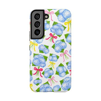 Blue Watercolor Hydrangea Bunches with Hot Pink, Yellow, Light Pink Bows Illustrated Patterned Tough Phone Case | Various Models