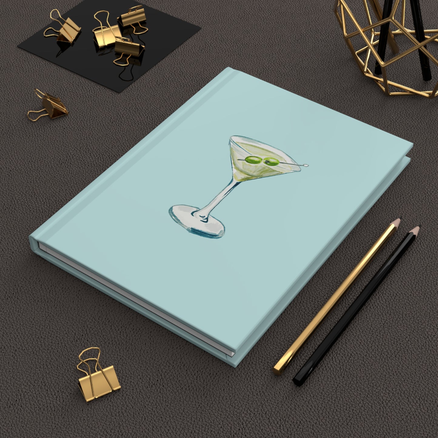 Blue Green Martini Watercolor Illustrated Turquoise Hardcover Lined Journal Matte 8"x 5.75"